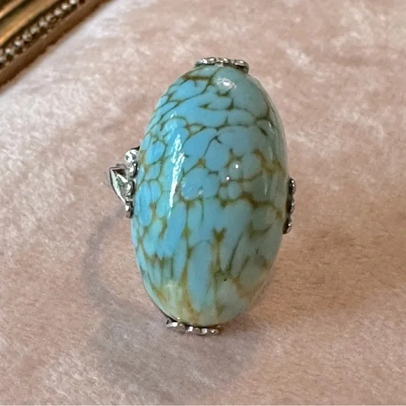Vintage Faux Turquoise Mid Century Modern Statement Ring SZ 5 3/4 Elongated Oval - Picture 7 of 17